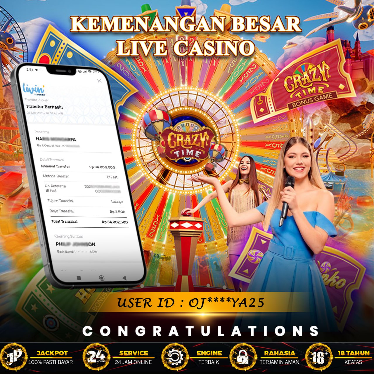 KEMENANGAN BESAR LIVE CASINO MEMBER KILAU4D 25 SEPTEMBER 2025 CRAZY TIME