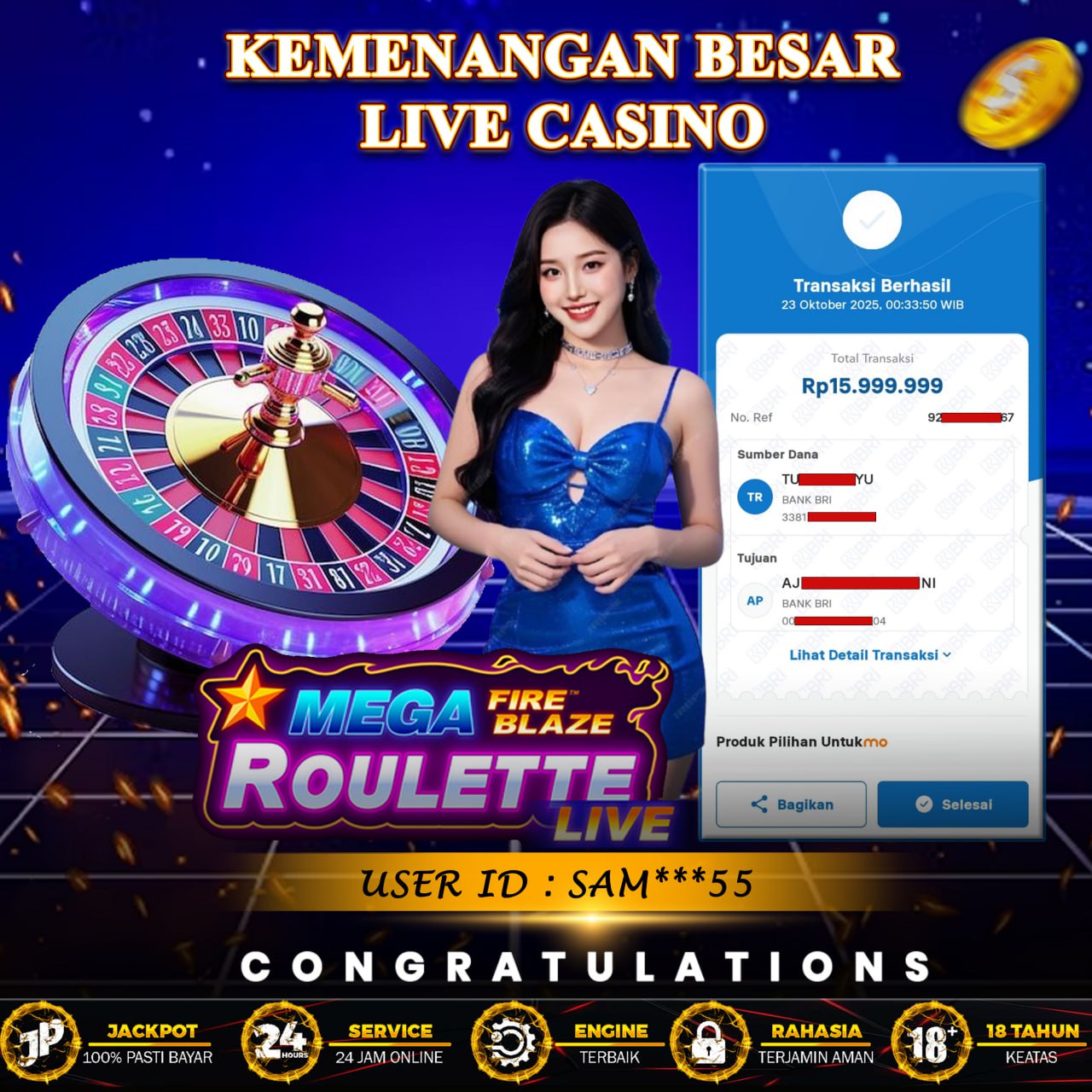 KEMENANGAN BESAR LIVE CASINO MEMBER KILAU4D 23 OKTOBER 2025 MEGA FIRE BLAZE ROULETTE