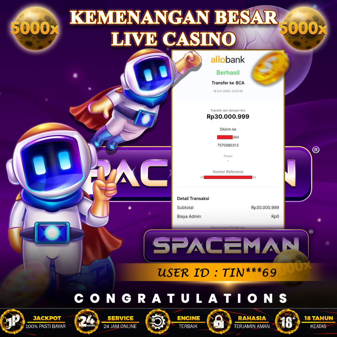 KEMENANGAN BESAR LIVE CASINO MEMBER KILAU4D 18 OKTOBER 2025 SPACEMAN