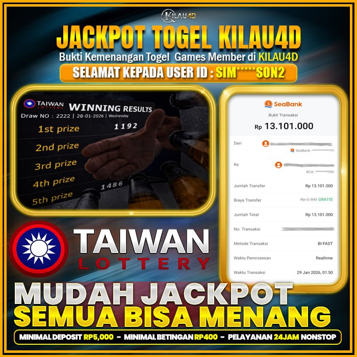 KEMENANGAN TOGEL BUKTI JP TOGEL MEMBER KILAU4D 29 JANUARY 2026 PERMAINAN TEBAK ANGKA TIAWAN LOTTERY